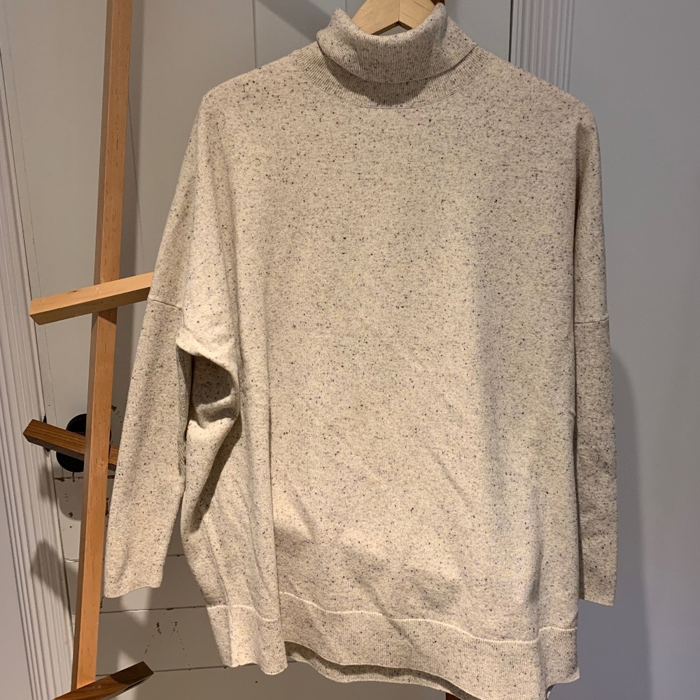 COS gray speckled sweater with blue/purple and yellow speckles